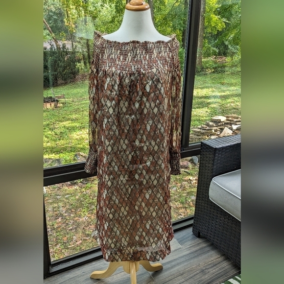 Anthropologie Intropia Anise Smocked Gold Metallic Dress Size 12 New - Picture 3 of 4